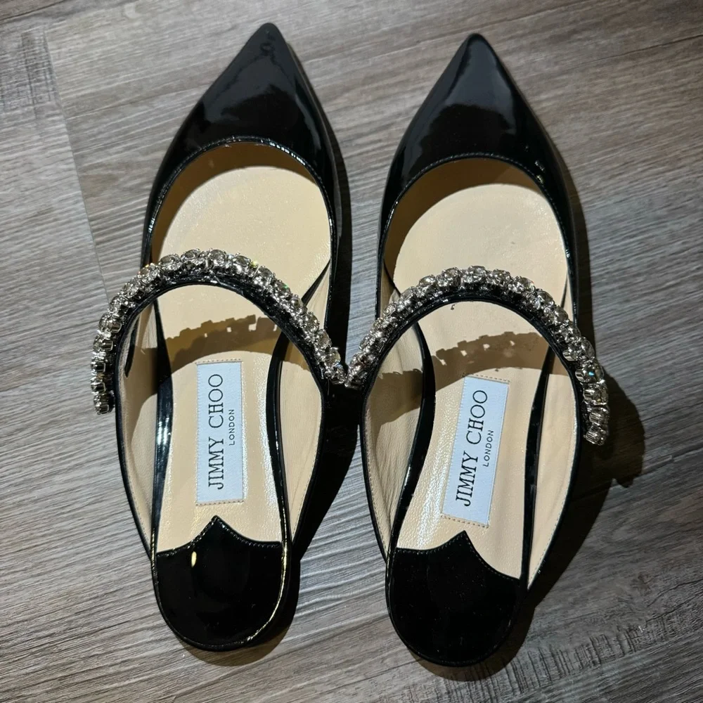 Jimmy Choo Bing Black Patent Leather Crystal Embellished Strap Flats